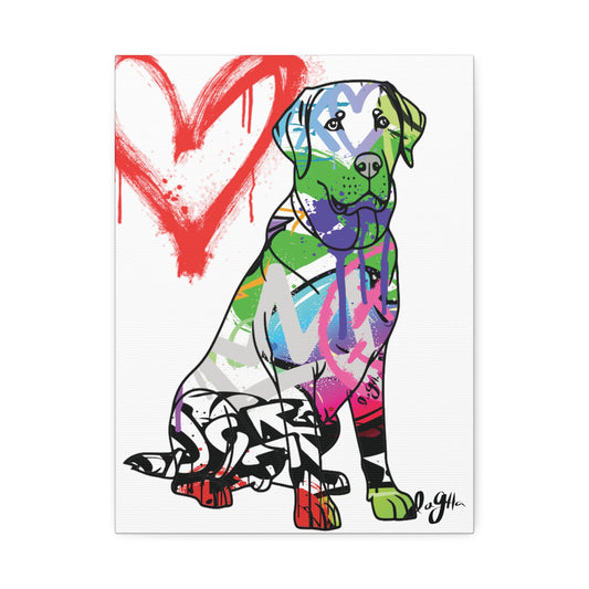 American Labrador depicted on vibrant graffiti canvas art, blending urban culture with classic canine imagery